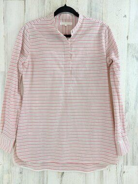 Ann Mashburn Mandarin Popover Shirt Sz M Red Stripe Tunic Button Down